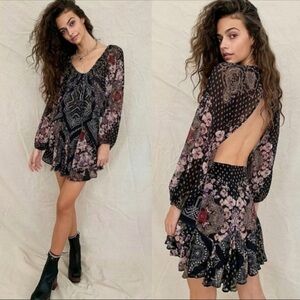 Free People Seven Wonders Black and Pink Floral Mini Dress